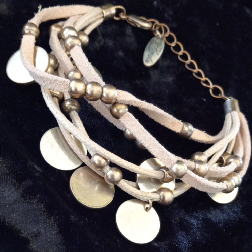 Designer Plunder Beige Leather and Gold Bracele